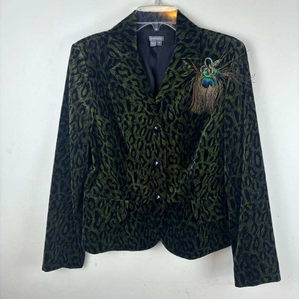 Anthro-Anthracite Leopard print green velvet blazer w/peacock pin-Woman’s 10-EUC - Picture 6 of 14